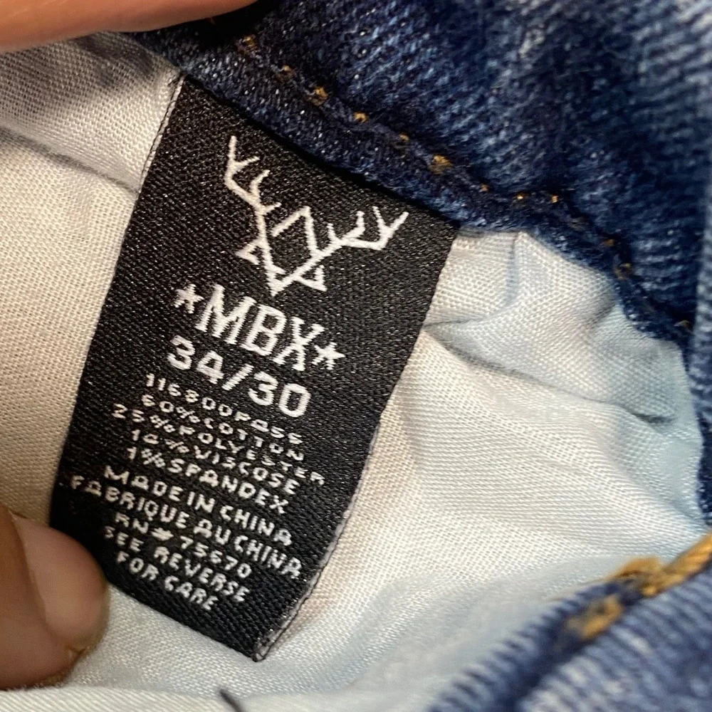 MBX Denim Jeans Sz 34 Mens Blue Streetwear Straight Leg Faded Distressed Detail